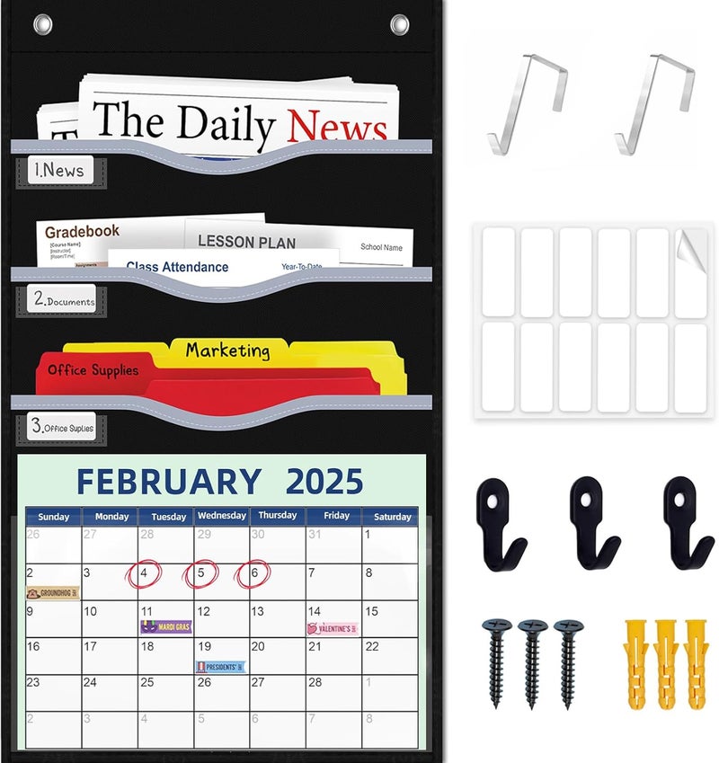 ALSLEA 4 Pockets Hanging Wall File Organizer 15" Extra Wide Pocket Chart for Classroom, Office, Home, Mail Organizer Wall Mounted with 1 Writable Clear Pocket, 5 Wall/ Door Hooks & 12 Labels (Black) - Image 1